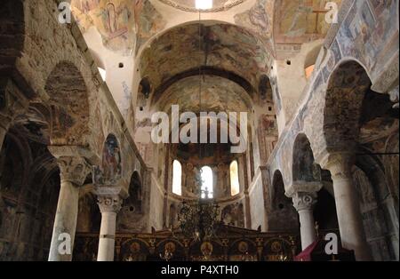 Byzantinische Kunst. Griechenland. Kloster PANTANASSA. Im Jahre 1428 von Giovanni Frangopoulos gegründet. Innenansicht mit Fresken aus der ersten Hälfte des 15. Jahrhunderts, die Szenen aus dem Leben Christi. MISTRA. Laki Provinz. Region des Peloponnes. Stockfoto