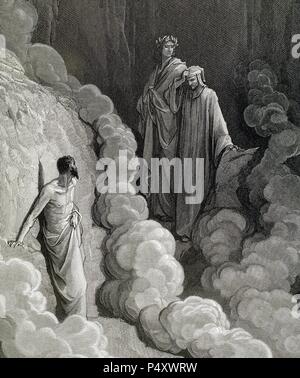 "LA DIVINA COMEDIA". Poema escrito en Toscano donde se relata El viaje de su Autor, DANTE ALIGHIERI, Para llegar a la CONTEMPLACION DIVINA. ' ¿QUIEN ERES TU QUE TE STELLT EN MEDIO DE NUESTRO HUMO? (Purgatorio, C. XV). Grabado de Gustavo DORE. Stockfoto
