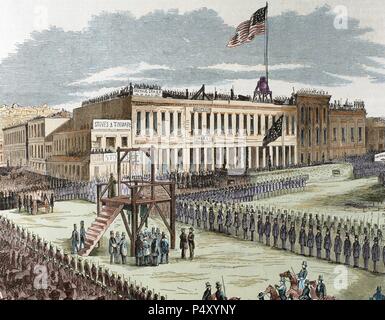 Öffentliche Hinrichtung von Mördern Joseph Hetherington und Philander Klammer, 29. Juli 1856, die von einem Ausschuss von San Francisco verurteilt am Galgen zu sterben. Gravur in 'Frank Leslie's", 1856. Gefärbt. Stockfoto