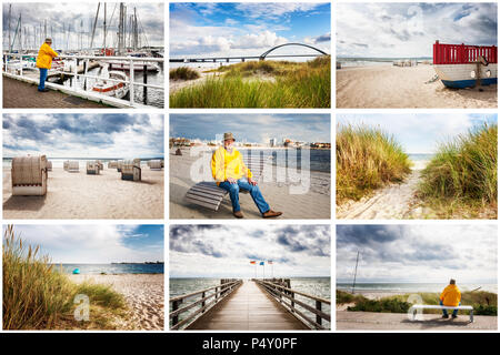 Collage von Reisen und Ferien Fotos aus Deutschland, Ostseeküste. Sammlung mit Fehmarn sound Brücke, Hafen, Strand, Stühle, dune Gras und Senior Stockfoto