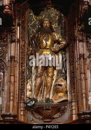 GARCIA IV SANCHEZ III el de Nájera (m. Atapuerca, 1054). Rey de Navarra (1035-1054), y sucesor hijo de Sancho III el Mayor. Estableció La Corte de Nájera y fundó El Monasterio de Santa María la Real. Imagen del Monarca en un altorrelieve policromado de La Silla abacial del Coro Alto de SANTA MARIA LA REAL. NAJERA. La Rioja. España. Stockfoto