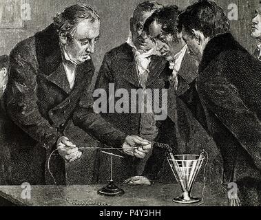 Oersted, Hans Christian (Kopenhagen Rudkobing, 1777-1851). Dänische Physiker und Chemiker. Oersted erkennt Elektromagnetismus. Gravur. Stockfoto