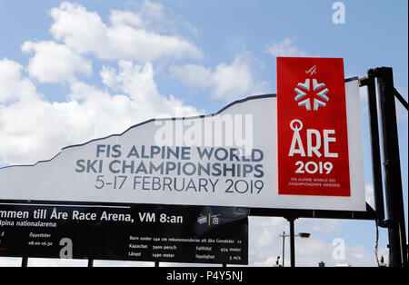 Sind, Schweden - 20. Mai 2016: Zeichen an der Rasse Arena, für die 2019 FIS Alpine Ski WM 5-17. Februar Stockfoto