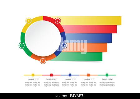 Farbenfrohe, moderne Infografik Etiketten als einen Kreis in fünf Bereiche, Rechtecke und bereit für Ihren Text unterteilt. Sie können die Zeitleiste unten verwendet. Stock Vektor