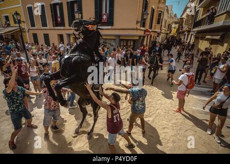 Der Parc de la Ciutadella, Spanien. 23. Juni, 2018: Ein "caixer' (Reiterin) bäumt sich auf seinem Pferd von einer jubelnden Menge vor der 'Caragol des Geboren" Parade am Vorabend des traditionellen ant Joan" (Saint John) Festival in Ciutadella de Menorca Credit: Matthias Oesterle/Alamy Leben Nachrichten umgeben Stockfoto