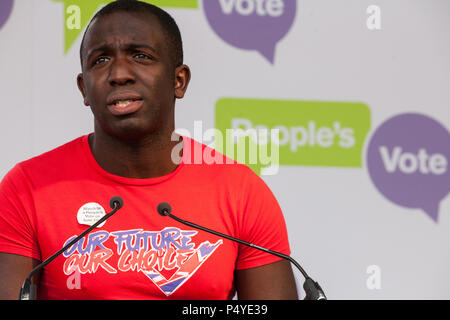 London, Großbritannien. 23. Juni 2018. Femi Oluwole unserer Zukunft unserer Wahl Adressen Zehntausende von Menschen, die eine Koalition von Pro-EU-Gruppen die Teilnahme an einer Kundgebung in Parliament Square am zweiten Jahrestag der Volksabstimmung für eine "Abstimmung" auf jedem Brexit beschäftigen, die von der Regierung vorgeschlagen, die künftigen Beziehungen der Europäischen Union zu verwalten. Credit: Mark Kerrison/Alamy leben Nachrichten Stockfoto