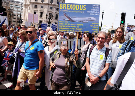 Die Abstimmung März London, Großbritannien, 23. Juni 2018. Demonstranten mit einem Betrieb ein Plakat im Zusammenhang mit Airbus März entlang Whitehall en route Parliament Square, eine zweite Abstimmung über die endgültige Brexit Deal - Steven Mai/Alamy Leben Nachrichten zu verlangen. Stockfoto