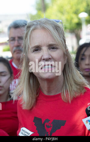 Kerry Kennedy, Direktor des Robert F. Kennedy Center für Gerechtigkeit und Tochter von Robert und Ethel Kennedy, im Gespräch mit der Presse während der anpfiff einen 24-tägigen Hungerstreik protestieren Einwanderung Pres. Donald Trump Richtlinien während einer Rallye an der US-mexikanischen Grenze in McAllen, Texas. Stockfoto