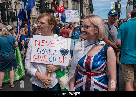 London, Großbritannien. 23. Juni 2018. Eine Frau in einer Union Jack dress steht neben einem Plakat "Never Gonna € U UP" geben. Mehr als 100.000 Menschen marschierten durch London für eine Abstimmung auf jede endgültige Brexit beschäftigen. Es waren zu viele in Parliament Square, die verpackt war, als die Rallye trotz Ende der März noch berichtet wird, nicht der Ausgangspunkt in Pall Mall verlassen zu haben, um begonnen zu erhalten. Viele sahen die Rallye auf einem riesigen Bildschirm unten in Whitehall. Die Kundgebung wurde von Gruppen wie gesünder in der EU, den Handel viel Ansehen, Großbritannien für Europa, Großbritannien, Völker Abstimmung organisiert Stockfoto