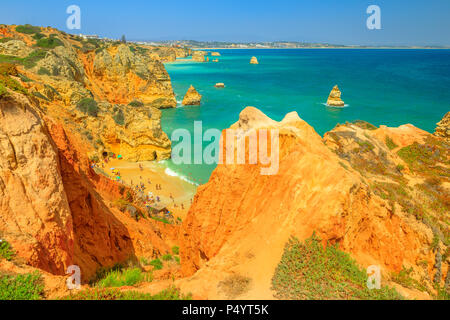 Malerische Luftaufnahme von Praia do Camilo und Küste von Lagos in der Algarve, Portugal, Europa. Türkisfarbene Wasser zwischen Rock Sandsteinformationen und Säulen von Lagos Strände. Sommer Urlaub, Atlantik Stockfoto