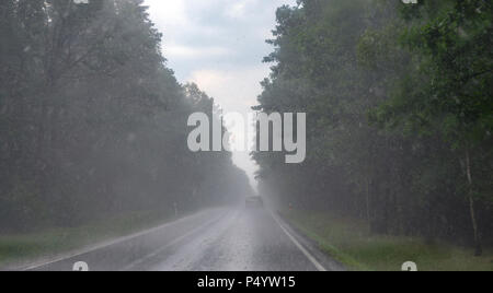 Asphalt bei sehr starkem Regen. Blick durch die Windschutzscheibe des Autos Stockfoto