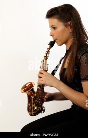 Sopran Saxophon spielen, Position Stockfoto