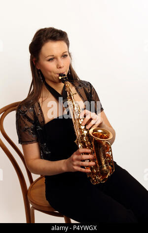 Sopran Saxophon spielen, Position Stockfoto