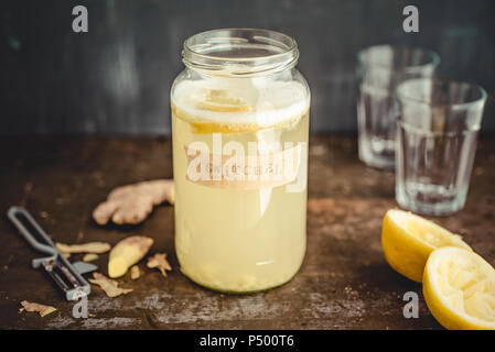 Switchel, hausgemachte Drink mit Ingwer, Apfelessig, Honig und Zitrone Stockfoto