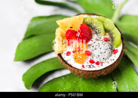 Kokosnuss Schale mit Variuos Früchte, Joghurt und Samen auf Blatt Stockfoto
