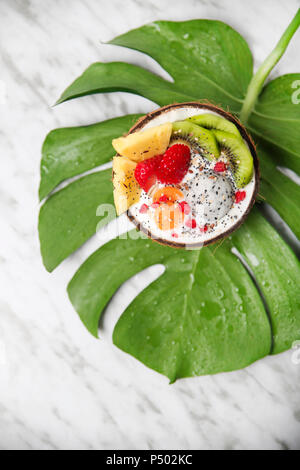 Kokosnuss Schale mit Variuos Früchte, Joghurt und Samen auf Blatt Stockfoto