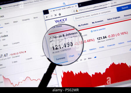 MONTREAL, KANADA - 22. JUNI 2018: Johnson und Johnson JNJ Ticker mit Aktien Preis und Diagramme unter der Lupe auf Yahoo Finance. Stockfoto