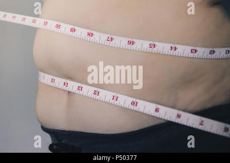 Nahaufnahme des menschlichen Körpers und fetten Körper, Fett Körper Teil der Bauch oder Bauch, Übergewicht von Personen oder Übergewicht mit Maßband. Stockfoto