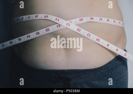 Nahaufnahme des menschlichen Körpers und fetten Körper, Fett Körper Teil der Bauch oder Bauch, Übergewicht von Personen oder Übergewicht mit Maßband. Stockfoto