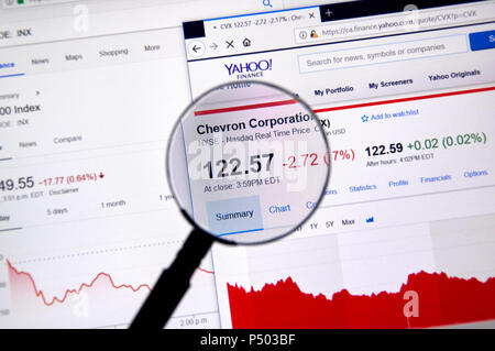 MONTREAL, KANADA - 22. JUNI 2018: Chevron Corporation CVX Ticker mit Aktien Preis und Diagramme unter der Lupe auf Yahoo Finance. Stockfoto