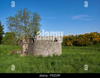 Ein Schottischer Stein mit einer ungewöhnlichen gebogene Ende der Wand in einem Feld mit einem kleinen Bach in der Nähe von Guthrie, Forfar, Angus in Schottland fließende ruinieren. Stockfoto