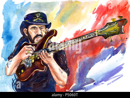 Lemmy Kilmister, 'Motorhead' Leader und Bassist, simuliert Schüsse mit Gitarre, zielte auf der Bühne Stockfoto