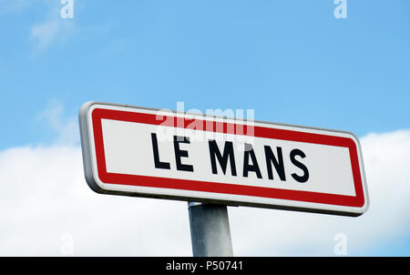 Die wichtigsten Zeichen für die Stadt Le Mans, Frankreich. Eine Stadt, die berühmt für das 24-Stunden Rennen Ereignissen, die jedes Jahr stattfinden. Stockfoto