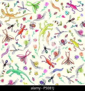 Käfer, Schnecken, Eidechsen und Blumen in einem naiven Stil, nahtlose Muster, Hand gezeichnet Buntstifte Abbildung (sandigen Farben) Stockfoto