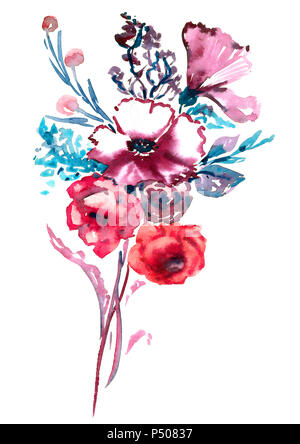 Blumenstrauß aus Rosen Blumen und Wilde Malve, blaue Blätter und Beeren, isolierte Handgemalten Aquarell Abbildung im modernen Stil (weiche Stellen) Stockfoto