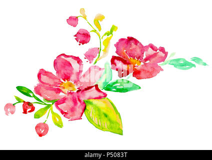 Blumen rosa Rose Hips (Wild Rose), und Glockenblumen mit einem Zweig Blätter, isolierte Handgemalten Aquarell Abbildung im modernen Stil (weiche Stellen Stockfoto