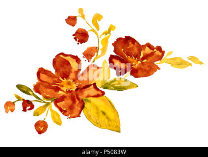 Blumen von rose hips (Wild Rose), und Glockenblumen mit einem Zweig Blätter in gelben Farben, isolierte Handgemalten Aquarell Abbildung im modernen Stil Stockfoto