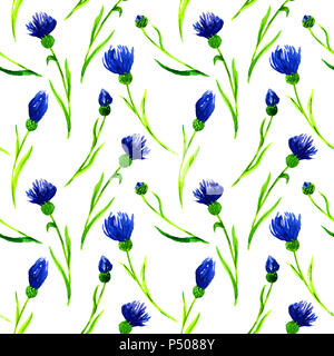 Zweige blau centaurea Blumen, nahtlose Muster, Handgemalten Aquarell Abbildung im modernen Stil Stockfoto