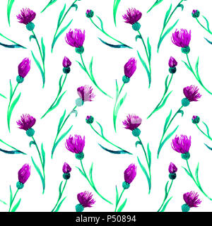 Zweige lila centaurea Blumen, nahtlose Muster, Handgemalten Aquarell Abbildung im modernen Stil Stockfoto