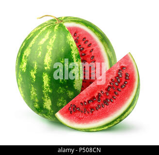 Isolierte Wassermelone Obst. Eine ganze Wassermelone mit ein ausgeschnittenes Stück auf weißem Hintergrund mit Freistellungspfad isoliert Stockfoto