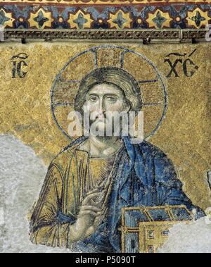 Die Deesis. Detail. Jesus Christ in der Majestät als ob Sie segnen. 13. Jahrhundert. Mosaik. Hagia Sophia. Istanbul. Turkei. Stockfoto