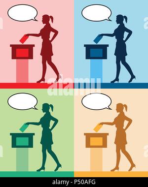 Junge Frau Wähler Silhouetten mit verschiedenen farbigen Sprechblase mit der Stimmabgabe für die Wahl. Alle die Silhouette Objekte und Hintergründe sind in verschiedenen Stock Vektor