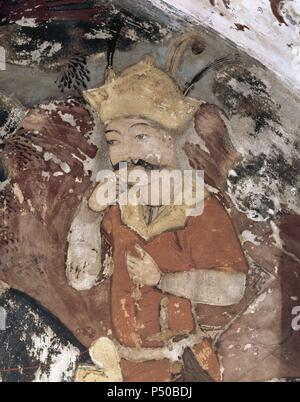 Khosrau II (579-590) "die Siegreiche". König des sassanidischen Reiches. Chichil Sutun. Palace. Fresko im Inneren des Palastes. Isfahan, Iran. Stockfoto