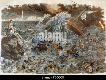 Caricatura editada en el Interior de la Revista satírica "LA FLACA", que ironiza sobre la situación Política del País Durante la PRIMERA REPÚBLICA ESPAÑOLA (1873-1874). Barcelona. Cataluña. Stockfoto