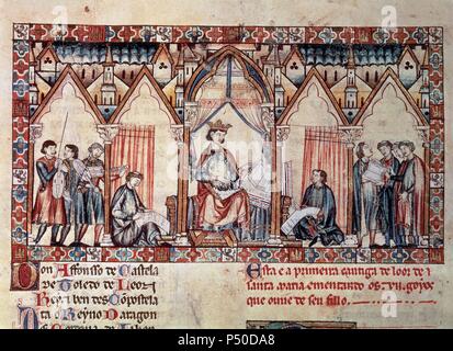 ALFONSO X el Sabio (Toledo, 1221 - Sevilla, 1284). Rey de Castilla y León (1252-1284). S. XIII. "CANTIGAS DE SANTA MARIA". Obra poética compuesta por 420 Canciones en lengua Gallega. Biblioteca del Monasterio de El Escorial. Comunidad de Madrid (Patrimonio Nacional). Stockfoto