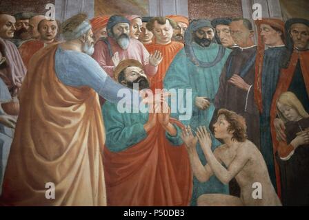 Masaccio (1401-1428). Maler des Quattrocento Zeitraum der italienischen Renaissance. In der Auferstehung des Gottessohnes Theophilus. 1425. Fresko in der Brancacci-kapelle von Santa Maria del Camine, Florenz. Italien. Stockfoto