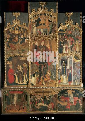 ARTE GOTICO. ESPAÑA. RETABLO DE SANT MIQUEL Jaume CIRERA realizado por y Guillem TALARN en la Mitad del S. XV. Santa Maria de Terrassa. Provincia de Barcelona. Cataluña. Stockfoto