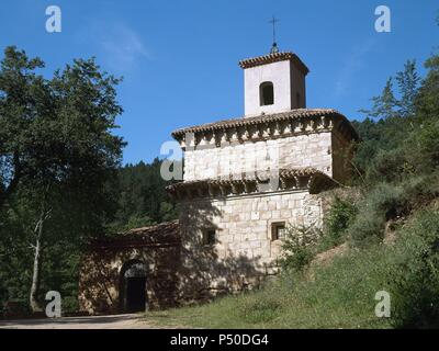 Spanien. La Rioja. San Millan de la Cogolla. Kloster San Millan de Suso, in unterschiedlichen Stilen gebaut: Westgoten (6. bis 7. Jahrhundert), Romanische (10. Jahrhundert) und Mozarab (11. Jahrhundert). Exterieur. Stockfoto