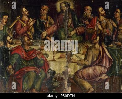 "LA ultima Cena". Pintura sobre Madera. Las mejores del Retablo (s. XVIII) de la Iglesia Parroquial de San Pedro. Escalante. Kantabrien. España. Stockfoto