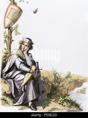 Im Mittelalter. Prinz. Gravur "Germania", 1882. Farbige. Stockfoto