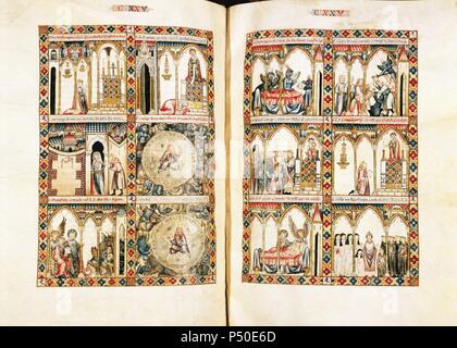 Die Cantigas de Santa Maria (Gesänge der Heiligen Maria). Sind 420 Gedichte mit Notenschrift, in Galician-Portuguese geschrieben während der reigh von Alfonso X El Sabio (1221-1284) und oft ihm zugeschrieben. Manuskript El Escorial. Nationales Erbe. Stockfoto