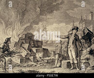 Amerikanischer Unabhängigkeitskrieg (1775-1783). Boston Tea Party. 16. Dezember 1773. Revolution der amerikanischen Kolonisten gegen Steuern, die durch das britische Parlament auf Tee. Als Indianer verkleidet, bestiegen britische Händler Schiffe und über Bord geworfen Kisten Tee in den Hafen von Boston. Kupferstich, 1807. Stockfoto