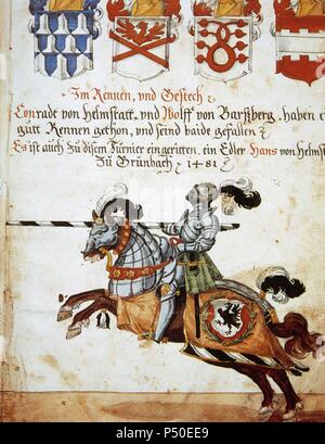 Buch des Turniers. Ritter zu Pferd und bewaffnet mit Speeren. Miniatur. Fol. 40 v. 15. Jahrhundert Vatikanischen Apostolischen Bibliothek. Italien. Stockfoto