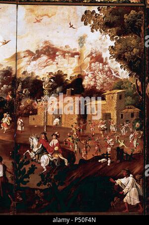 Mexiko. 17. Jahrhundert. Anonym. El Palo Volador (Der fliegende Pole). Paravent aus zehn Blätter, die Feierlichkeiten mit Mestizen und indigene Bevölkerung darstellen. Detail. Indianer tanzen im Kreis und ein paar spanische Dame und den Herrn über die Wiese auf dem Pferd. Öl auf Leinwand. Museum von Amerika. Madrid. Spanien. Stockfoto