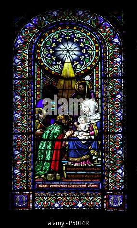 Glasmalerei-Fenster Darstellung der Epiphanie. Kloster Montserrat. Katalonien. Spanien. Stockfoto