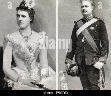 Karl I. von Portugal (1863-1908). König von Portugal und der algarves (1889-1908) und seine Frau Amelie von Orleans (1865-1951). Gravur. Stockfoto